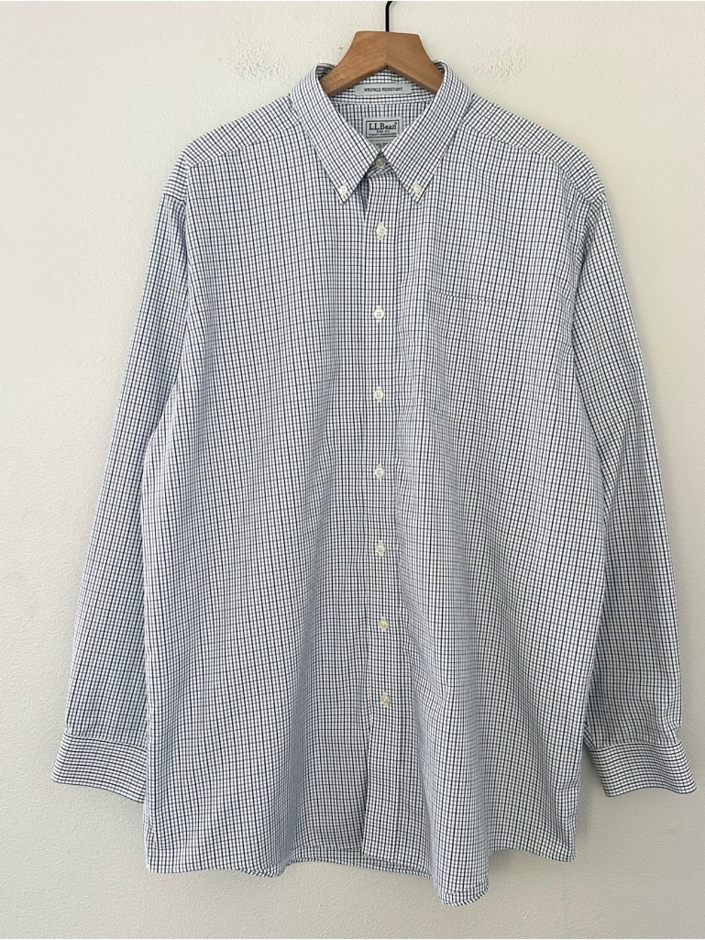 LL Bean 100% Cotton Blue White Check Button Up Shirt 17-36 Wrinkle Resistant